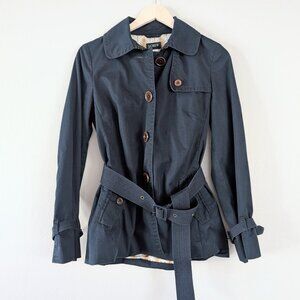 J Crew Navy Blue Nylon Cropped Trench Coat Belted Waist Size 4 Downtown Girl